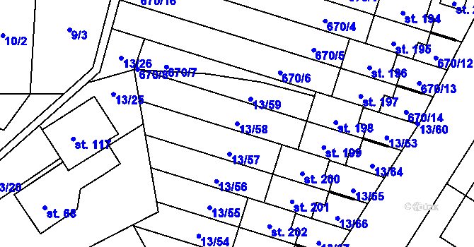 Parcela st. 13/58 v KÚ Starý Pelhřimov, Katastrální mapa
