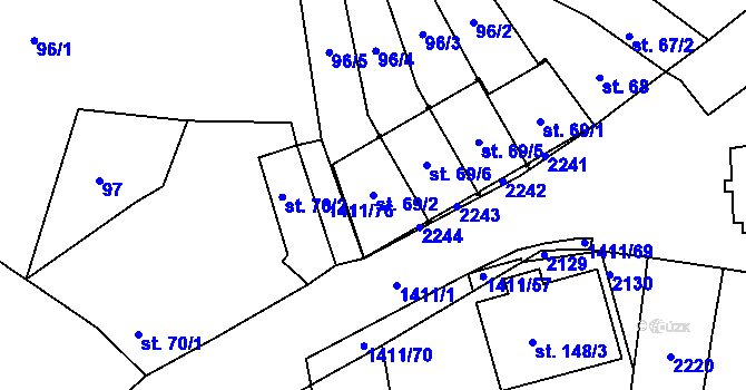 Parcela st. 69/2 v KÚ Starý Plzenec, Katastrální mapa