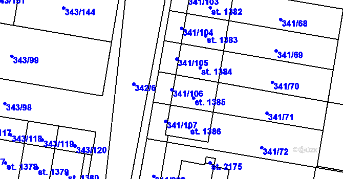 Parcela st. 341/106 v KÚ Starý Plzenec, Katastrální mapa