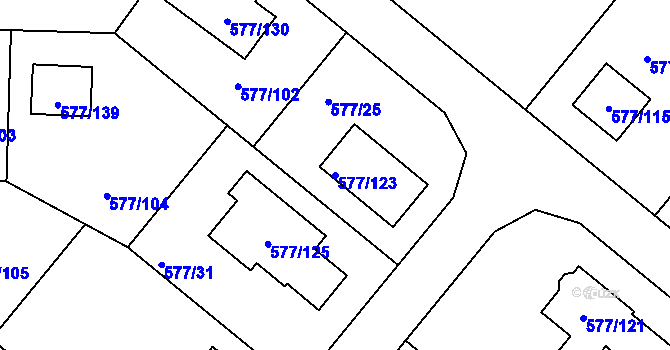 Parcela st. 577/123 v KÚ Stehelčeves, Katastrální mapa
