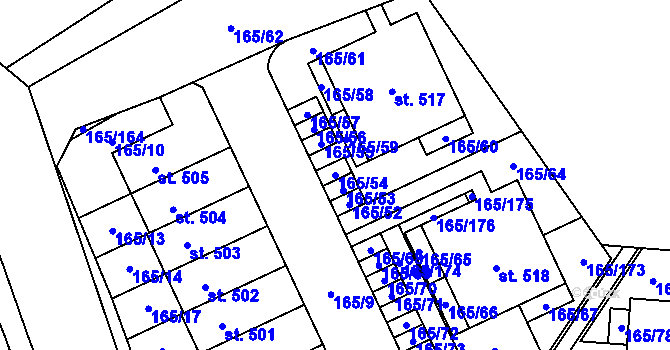 Parcela st. 165/54 v KÚ Stěžery, Katastrální mapa