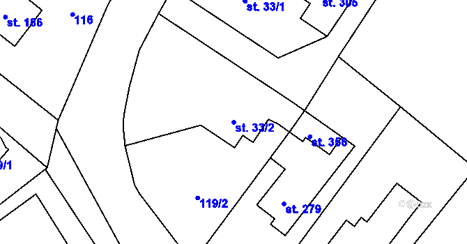 Parcela st. 33/2 v KÚ Stěžery, Katastrální mapa