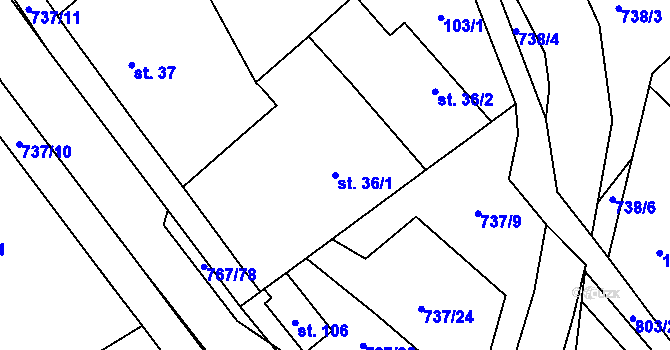 Parcela st. 36/1 v KÚ Stěžery, Katastrální mapa