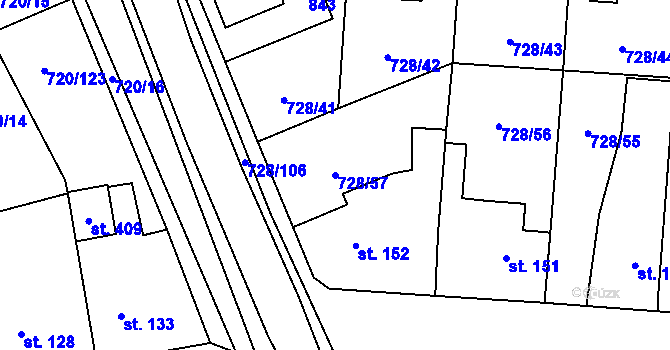Parcela st. 728/57 v KÚ Stěžery, Katastrální mapa