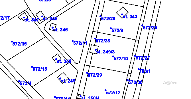 Parcela st. 349/3 v KÚ Stěžery, Katastrální mapa