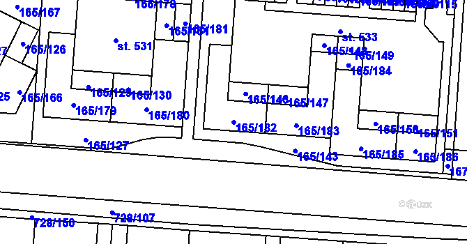 Parcela st. 165/182 v KÚ Stěžery, Katastrální mapa