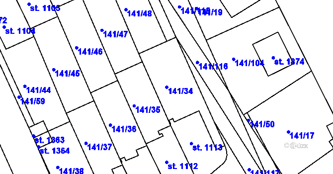 Parcela st. 141/34 v KÚ Stod, Katastrální mapa
