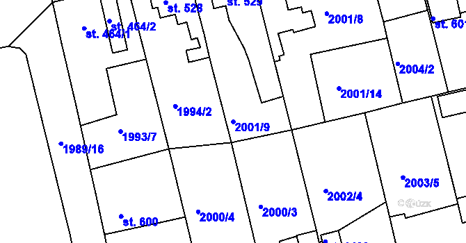 Parcela st. 2001/9 v KÚ Stod, Katastrální mapa