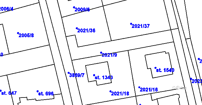 Parcela st. 2021/9 v KÚ Stod, Katastrální mapa