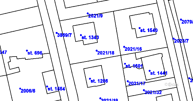 Parcela st. 2021/18 v KÚ Stod, Katastrální mapa