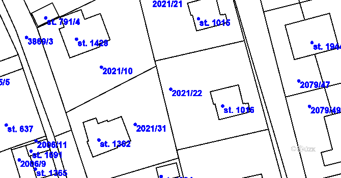 Parcela st. 2021/22 v KÚ Stod, Katastrální mapa