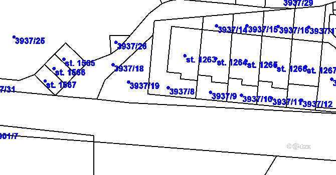 Parcela st. 3937/8 v KÚ Stod, Katastrální mapa