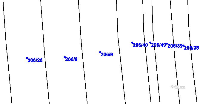 Parcela st. 206/9 v KÚ Honice, Katastrální mapa