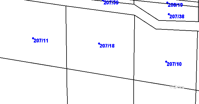 Parcela st. 207/18 v KÚ Honice, Katastrální mapa