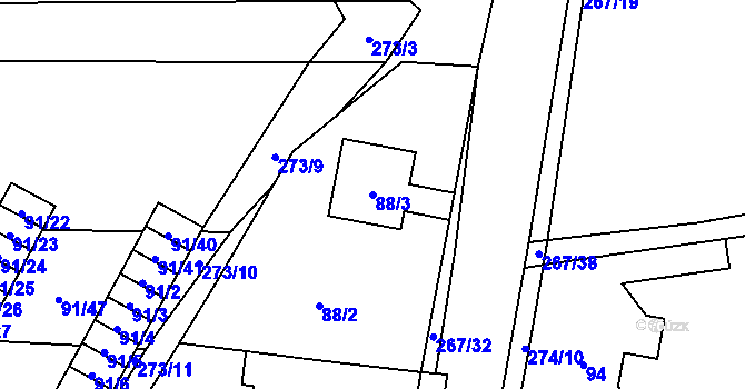 Parcela st. 88/3 v KÚ Honice, Katastrální mapa