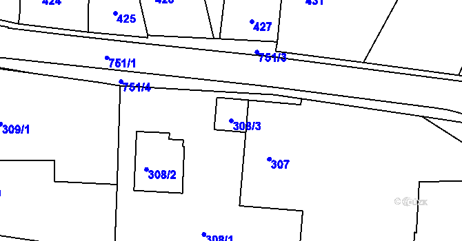 Parcela st. 308/3 v KÚ Strahovice, Katastrální mapa