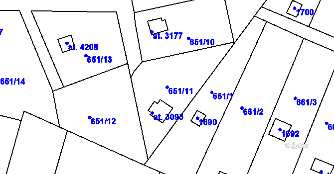 Parcela st. 651/11 v KÚ Strakonice, Katastrální mapa