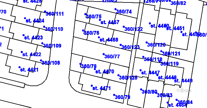 Parcela st. 360/77 v KÚ Strakonice, Katastrální mapa