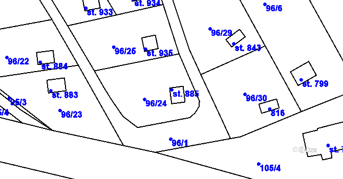 Parcela st. 885 v KÚ Nové Strakonice, Katastrální mapa