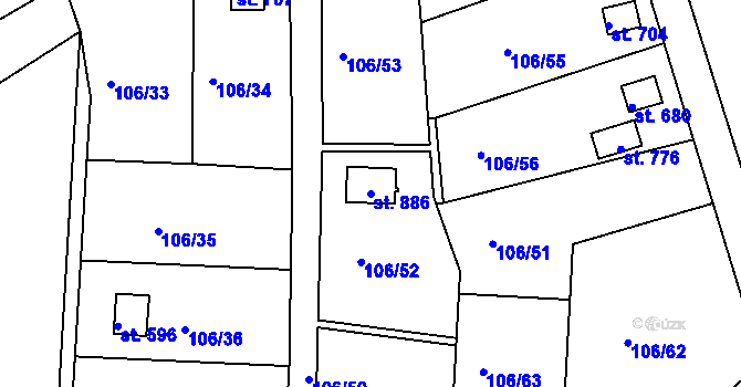 Parcela st. 886 v KÚ Přední Ptákovice, Katastrální mapa