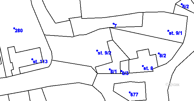 Parcela st. 9/2 v KÚ Přední Ptákovice, Katastrální mapa