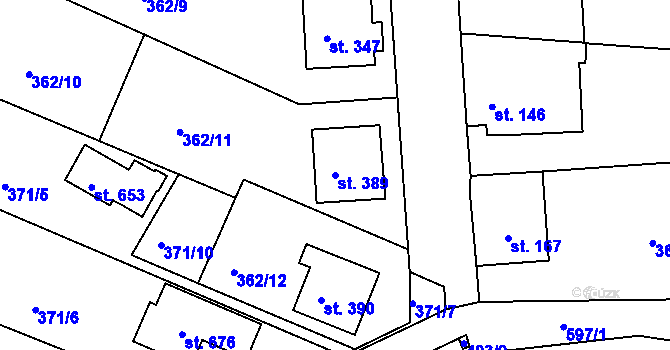 Parcela st. 389 v KÚ Přední Ptákovice, Katastrální mapa