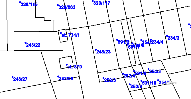 Parcela st. 243/23 v KÚ Přední Ptákovice, Katastrální mapa