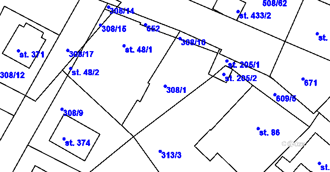 Parcela st. 308/1 v KÚ Přední Ptákovice, Katastrální mapa