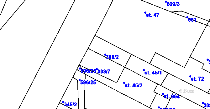 Parcela st. 308/2 v KÚ Přední Ptákovice, Katastrální mapa