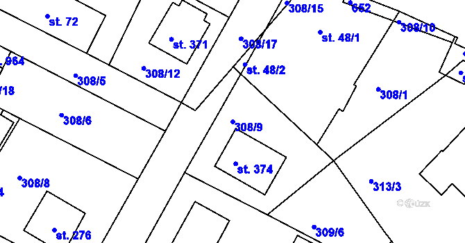 Parcela st. 308/9 v KÚ Přední Ptákovice, Katastrální mapa