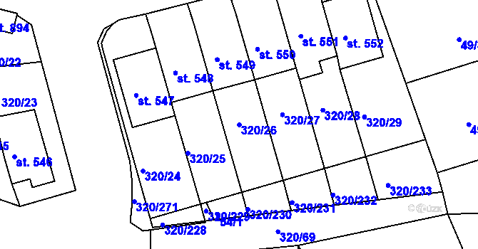 Parcela st. 320/26 v KÚ Přední Ptákovice, Katastrální mapa