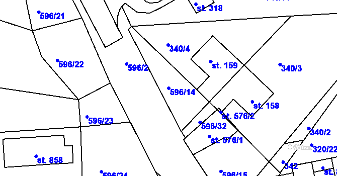 Parcela st. 596/14 v KÚ Přední Ptákovice, Katastrální mapa
