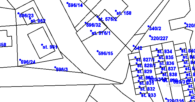 Parcela st. 596/15 v KÚ Přední Ptákovice, Katastrální mapa