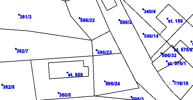 Parcela st. 596/23 v KÚ Přední Ptákovice, Katastrální mapa