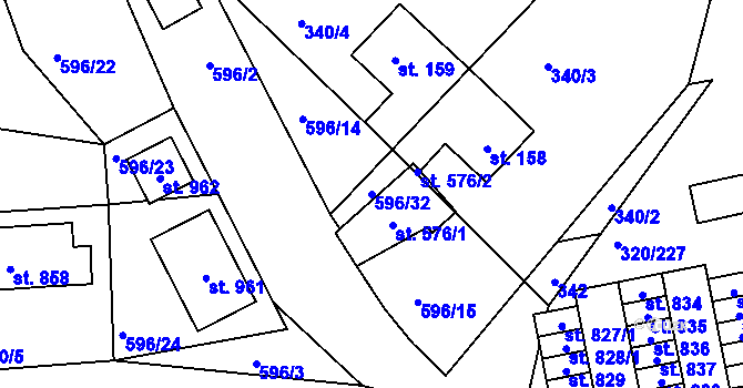 Parcela st. 596/32 v KÚ Přední Ptákovice, Katastrální mapa