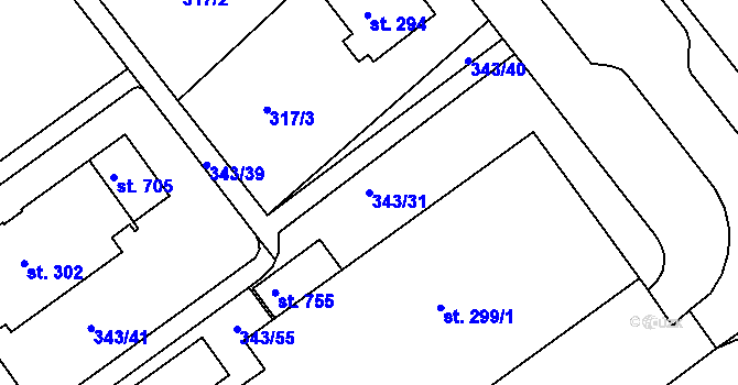 Parcela st. 343/31 v KÚ Přední Ptákovice, Katastrální mapa