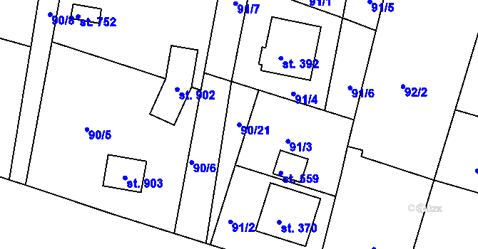 Parcela st. 90/21 v KÚ Přední Ptákovice, Katastrální mapa