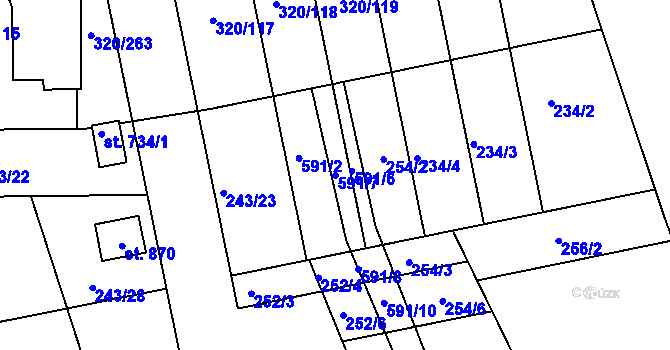 Parcela st. 591/7 v KÚ Přední Ptákovice, Katastrální mapa