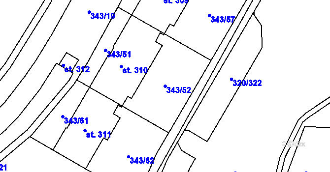 Parcela st. 343/52 v KÚ Přední Ptákovice, Katastrální mapa