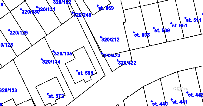 Parcela st. 320/423 v KÚ Přední Ptákovice, Katastrální mapa