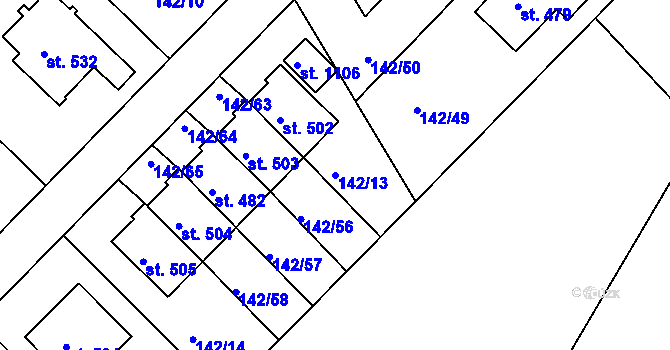 Parcela st. 142/13 v KÚ Strančice, Katastrální mapa