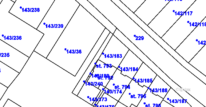Parcela st. 143/183 v KÚ Strančice, Katastrální mapa