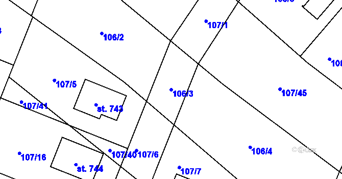 Parcela st. 106/3 v KÚ Strančice, Katastrální mapa