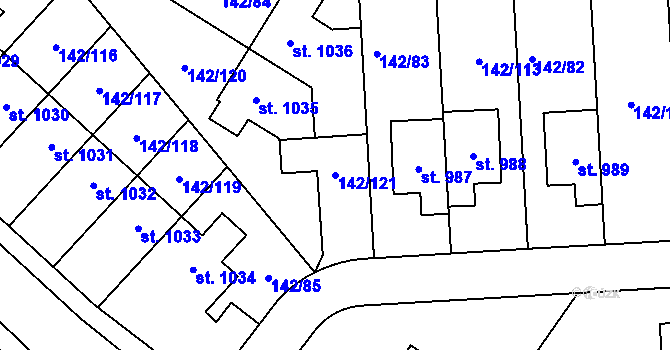 Parcela st. 142/121 v KÚ Strančice, Katastrální mapa