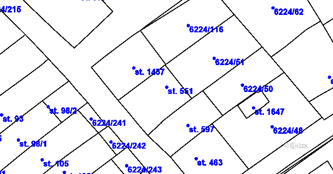 Parcela st. 551 v KÚ Strání, Katastrální mapa