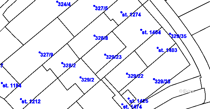 Parcela st. 329/23 v KÚ Strání, Katastrální mapa