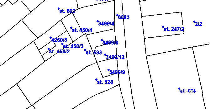 Parcela st. 3499/12 v KÚ Strání, Katastrální mapa