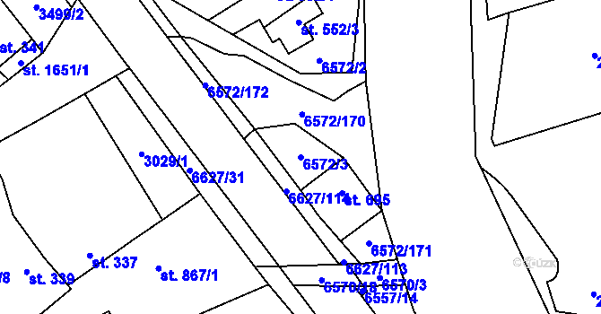 Parcela st. 6572/3 v KÚ Strání, Katastrální mapa