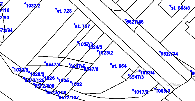 Parcela st. 1023/2 v KÚ Strání, Katastrální mapa
