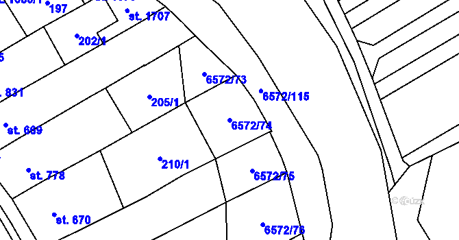 Parcela st. 6572/74 v KÚ Strání, Katastrální mapa